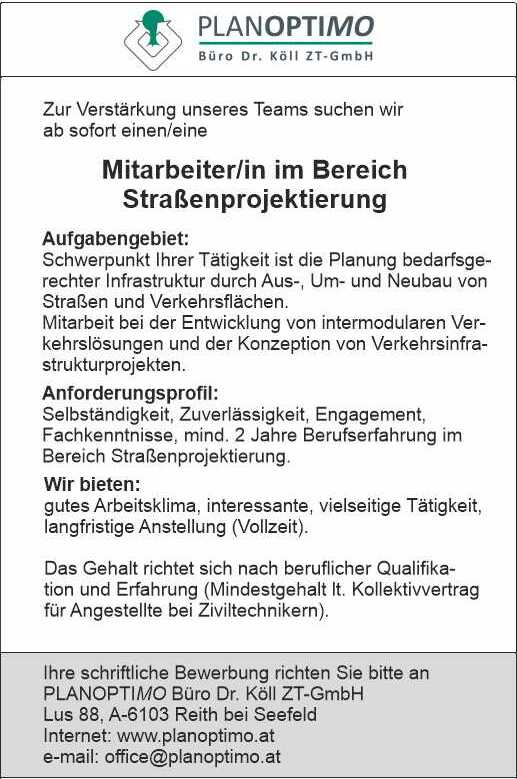Stellenangebot Projektierung Straßenplanung Tirol / Innsbruck