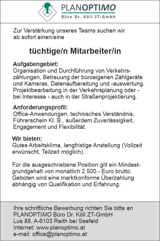 Technische/n MitarbeiterIn in Verkehrsplanungsbüro mit Arbeitsplatz in Tirol.